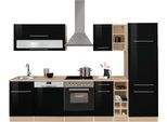 Küchenzeile KOCHSTATION "KS-Eton", schwarz (front: schwarz hochglanz, korpus: eichefarben, arbeitsplatte: eichefarben), B:300cm T:60cm, Komplettküchen-Sets, ohne E-Geräte, Breite 300 cm
