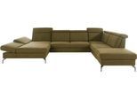 Wohnlandschaft SIT & MORE "Brisbane U-Form", grün (olive), B:367cm T:243cm, Soft clean (98% Polyester, 2% Polyamid), Sofas, Zehentrenner, Fußhöhe 15 cm, inklusive Sitztiefen-, Armteil- und Kopfteilverstellung