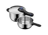 WMF Schnellkochtopfset , Blau, Schwarz, Edelstahlfarben , Metall , 2-teilig , 4,5 l , abnehmbare Griffe, 2-Stufen-Garregler , Kochgeschirr, Töpfe, Schnellkochtöpfe