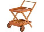 Gardenson Garten-Servierwagen , Naturfarben , Holz , Eukalyptusholz , massiv , eckig, Rollen, X-Form , 56x85x84 cm , FSC Mix , Flaschenfach, abnehmbares Tablett, offenes Fach , Gartenmöbel, Gartentische, Garten-beistelltische