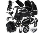 KESSER® Loops 3 in 1 Kinderwagen Kombikinderwagen Komplettset incl. Babywanne & Buggy Sportsitz & Auto-Babyschale - Voll-Gummireifen - Wickeltasche/Regenschutz/Kindertisch Set