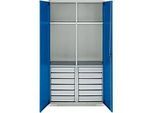 Schäfer Shop Genius Materialschrank FS, 5 OH, abschliessbar, 4 Fachböden/12 Schübe, bis 450 kg, B 1055 x T 520 x H 1950 mm, Stahl, lichtgrau/enzianblau