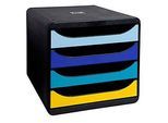 Schubladenbox Exacompta BEE BLUE Big Box, für Format A4+, 4 mehrfarbige & halboffene Schubladen mit Auszugstopp & Griffmulde, PS, schwarz