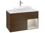 Villeroy und Boch Finion Waschtischunterschrank F781HHGN 100cm, Abdeckplatte white matt, Regale sand matt lacquer, Walnut veneer