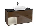 Villeroy und Boch Finion Waschtischunterschrank F822HHGN 120cm, Abdeckplatte black matt, Regale sand matt lacquer, Walnut veneer