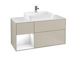 Villeroy und Boch Finion Waschtischunterschrank G411GFHH 120cm, Abdeckplatte white matt, Emotion, Regal links Glossy white lacquer, Sand Matt Lacquer