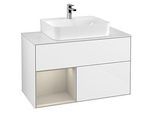 Villeroy und Boch Finion Waschtischunterschrank F111HHGF 100cm, Abdeckplatte black matt, Regal links Sand Matt Lacquer, Glossy white lacquer
