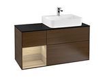 Villeroy und Boch Finion Waschtischunterschrank F142PCGN 120cm, Abdeckplatte Glass Black Matt, Regal links Oak Veneer, Walnut veneer