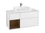 Villeroy und Boch Finion Waschtischunterschrank F161GNGF 120cm, Abdeckplatte white matt, Regal links Walnut veneer, Glossy white lacquer