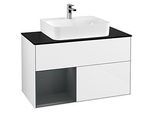 Villeroy und Boch Finion Waschtischunterschrank G112HGGF 100cm, Abdeckplatte black matt, Emotion, Regal links Midnight Blue Matt Lacquer, Glossy white lacquer
