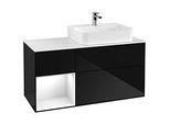 Villeroy und Boch Finion Waschtischunterschrank F141GFPH 120cm, Abdeckplatte glass white Matt, Regal links Glossy white lacquer, Glossy Black Lacquer
