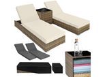 tectake® 2er Set Aluminium Rattan Sonnenliegen, wetterfest und UV-beständig, Tisch mit Staufach, inklusive 2 Bezugssets und Schutzhülle