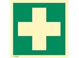 moedel Hinweisschild „Erste Hilfe“, EN ISO 7010, Leuchtklasse C, 160 mcd/m², bis 14,8 m, L 148 x B 148 mm, selbstklebend, Folie, grün