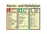 moedel Hinweisschild „Alarm- und Notfallplan“, 3-spaltig, EN ISO 7010, Leuchtklasse B, 52 mcd/m², L 480 x B 620 mm, Kunststoff, mehrfarbig