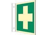 moedel Fahnenschild „Erste Hilfe“, EN ISO 7010, Leuchtklasse C, 160 mcd/m², bis 20 m, L 200 x B 200 mm, Kunststoff, grün