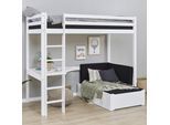 Hochbett HOPPEKIDS "ECO Dream 90x200 mit Schreibtisch & Loungesofa / Gästebett", schwarz (kiefer, weiß lackiert, schwarz), Liegefläche B/L: 90cm x 200cm, kein Härtegrad, kein Härtegrad, Hochbetten, Hochbett, Kinderbett aus Massivholz, Sofa ausziehbar zum Gästebett