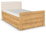 Stauraumbett RAUCH "Bett Einzelbett Stollenbett Bettkästen EVELYN", braun (asteiche), B:129cm H:100cm L:214cm, Betten, Stauraumbett, in Komforthöhe mit Polsterkopfteil sowie Schubladen MADE IN GERMANY