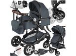 tectake® Kombi-Kinderwagen, 2 in 1, klappbar, mit 5-Punkt-Gurt, Bremse, Schutzbügel und Handschlaufe, pulverbeschichteter Aluminiumrahmen, pflegeleichter Stoffbezug, für 0 bis 36 Monate geeignet, Belastbarkeit 15 kg