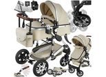 tectake® Kombi-Kinderwagen, 2 in 1, klappbar, mit 5-Punkt-Gurt, Bremse, Schutzbügel und Handschlaufe, pulverbeschichteter Aluminiumrahmen, pflegeleichter Stoffbezug, für 0 bis 36 Monate geeignet, Belastbarkeit 15 kg