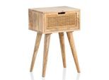 Nachtkonsole Massivholz Rattan & Schublade Nachttisch Boho Design Nachtkästchen