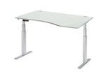 Schäfer Shop Select Schreibtisch ERGO-T, elektrisch höhenverstellbar, Freiform, Ansatz rechts, T-Fuss, B 1800 x H 640-1300 mm, lichtgrau/weissalu