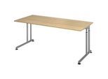 Schreibtisch Breno, manuelle Höheneinstellung, horizontaler Kabelkanal, B 1600 x T 800 x H 680-820 mm, Spanplatte & Stahl, Eiche/Silber