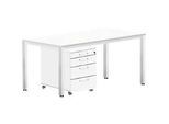 Komplettset BEXXSTAR, Schreibtisch 1600 mm breit und Rollcontainer, Quadratrohrfuss, weiss