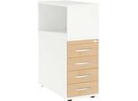 Schäfer Shop Select Anstellcontainer LOGIN, mit Aufsatzregal, 4 Schübe, B 409 x T 800 x H 1120 mm, Holz, abschliessbar, weiss/Ahorn