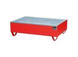 Auffangwanne, für 2 Fässer à 200 l, mit verzinktem Gitterrost, L 1200 x B 800 x H 360 mm, unterfahrbar, Stahl, feuerrot RAL 3000