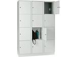 Wertfachschrank 400 mm, 3 Abteile, 12 Fächer, Sicherheitszylinderschloss, Sockel, lichtgrau