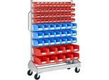 Sichtrollwagen f. Sichtlagerkästen, einseitig, B 1130 x T 510 x H 1705 mm, 40 x 0,7 l rot, 21 x 3 l blau, 10 x 7,5 l rot