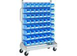 Sichtrollwagen f. Sichtlagerkästen, einseitig, B 1130 x T 510 x H 1705 mm, 56 x 3 l blau