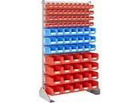 Ständerregal einseitig, B 1130 x T 500 x H 1885 mm, 40 x 0,7 l, rot + 21 x 3 l, blau + 20 x 7,5 l, rot