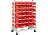 Sichtrollwagen f. Sichtlagerkästen, zweiseitig, B 1130 x T 710 x H 1705 mm, 70 x 7,5 l rot