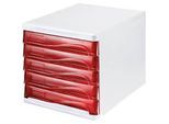 helit Schubladenbox, 5 Schübe, DIN A4, Polypropylen, Gehäuse weiss/Schublade rot transparent