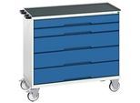 Mobiler Schubladenschrank Bott verso, 5 Schübe, bis 50 kg je Schub, Vollauszug, B 1050 x T 550 x H 965 mm, Stahlblech, Grau-Blau