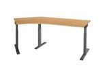 Schäfer Shop Select Winkelschreibtisch ERGO-T 2.0, 135° Winkel, Ansatz links, T-Fuss, B 2165 x T 800 x H 675-895 mm, Buche/anthrazit