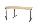 Schäfer Shop Select Winkelschreibtisch ERGO-T 2.0, 135° Winkel, Ansatz links, T-Fuss, B 2165 x T 800 x H 675-895 mm, Ahorn/anthrazit