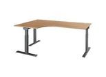 Schäfer Shop Select Winkelschreibtisch ERGO-T 2.0, 90° Winkel, Ansatz links, T-Fuss, B 2000 x T 1200/800 x H 675-895 mm, Ahorn/anthrazit