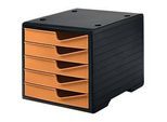 Schubladenbox styro® styroswingbox, 5 Schübe, Auszugsperre & Griffmulde, stapelbar, B 270 x T 340 x H 255 mm, Polystyrol, schwarz-apricot