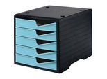 Schubladenbox styro® styroswing, 5 Schübe, Auszugsperre & Griffmulde, stapelbar, B 270 x T 340 x H 255 mm, Polystyrol, schwarz-aqua