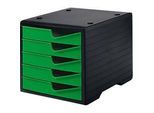 Schubladenbox styro® styroswing, 5 Schübe, Auszugsperre & Griffmulde, stapelbar, B 270 x T 340 x H 255 mm, Polystyrol, schwarz-gecko