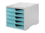 Schubladenbox styro® styroswing, 5 Schübe, Auszugsperre & Griffmulde, stapelbar, B 270 x T 340 x H 255 mm, Polystyrol, grau-aqua