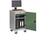 Computerschrank Bedrunka+Hirth, mobil, Buche-Multiplex-Arbeitsplatte, Flügeltür, Schubfach, 4er-Steckdose, B 530 x T 500 x H 1000 mm, Stahlblech