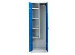 Putzmittelschrank, B 600 mm, 4 Böden, verkürzte Mitteltrennwand, abschliessbar, enzianblau RAL 5010/l.grau RAL 7035
