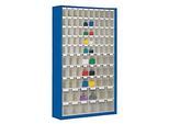 Vorratsschrank, Volumen 635 l, 86 herausnehmbare Lagerboxen mit Griffmulde, B 1270 x T 250 x H 2000 mm, g.blau/transp.
