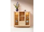 Vitrine HAMMEL FURNITURE "Mistral Glasschrank, Standvitrine", beige (weißpigmentierte eiche, matt lackiert), B:133cm H:134,5cm T:42cm, Dekorfolie, Furnier, Glas, Massivholz, Schränke, Vitrine, Eiche, mit Türen und Schubladen, B: 133 cm, anpassungsbar Designmöbel