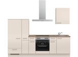 Küchenzeile NOBILIA ""Laser I"", beige (front: sandfarben, korpus: sandfarben, arbeitsplatte: eiche havanna nachbildung), B:270,3cm H:216,6cm T:60cm, Komplettküchen-Sets, vormontiert, Ausrichtung wählbar, Breite 270 cm, wahlw. mit E-Geräten