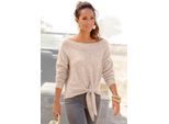 Strickpullover LASCANA, Damen, Gr. 40/42, beige (beige, meliert), Feinstrick, Obermaterial: 73% Polyacryl, 24% Polyamid, 3% Elasthan, meliert, figurumspielend hüftlang, U-Boot-Ausschnitt, Rippstrickbündchen, Pullover Strickpullover, mit U-Boot-Ausschnitt und Knoten-Detail, casual-chic