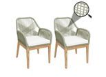 2er-Set Gartenstuhl MCW-H56b, Sessel Outdoor, wetterfest Seilgeflecht Rope Holz Akazie ~ grün Kissen creme